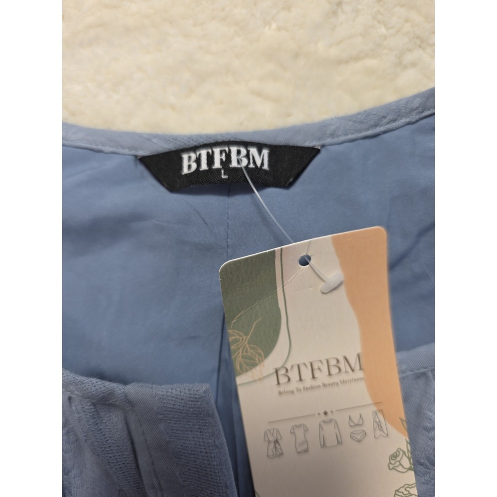 BTFBM Women's Light Blue Cotton Tiered Midi Dress Puff Sleeve Lined Size L NWT - Picture 9 of 15